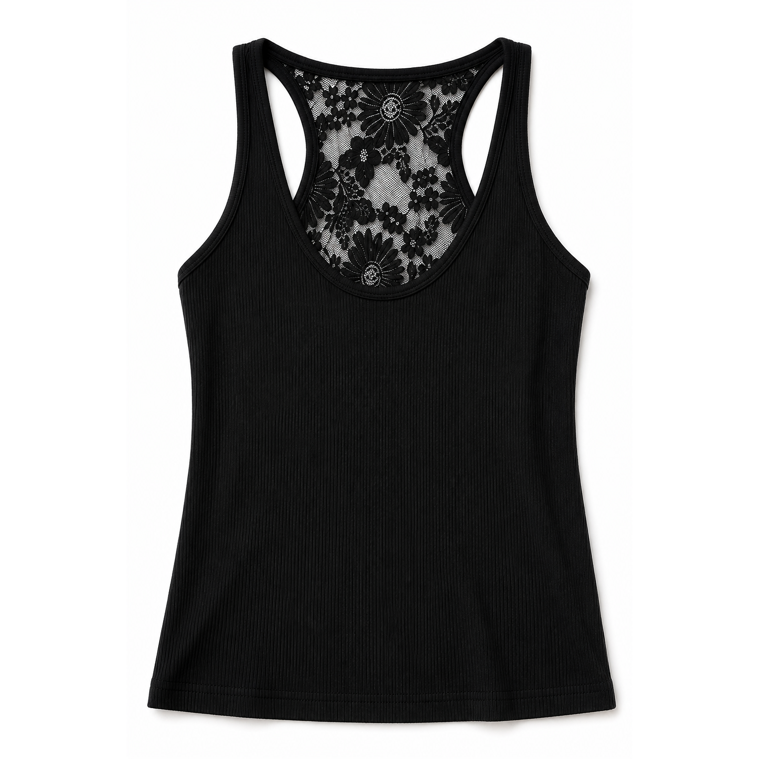 Black Ribbed Lace Back Tank with Built-In Bra