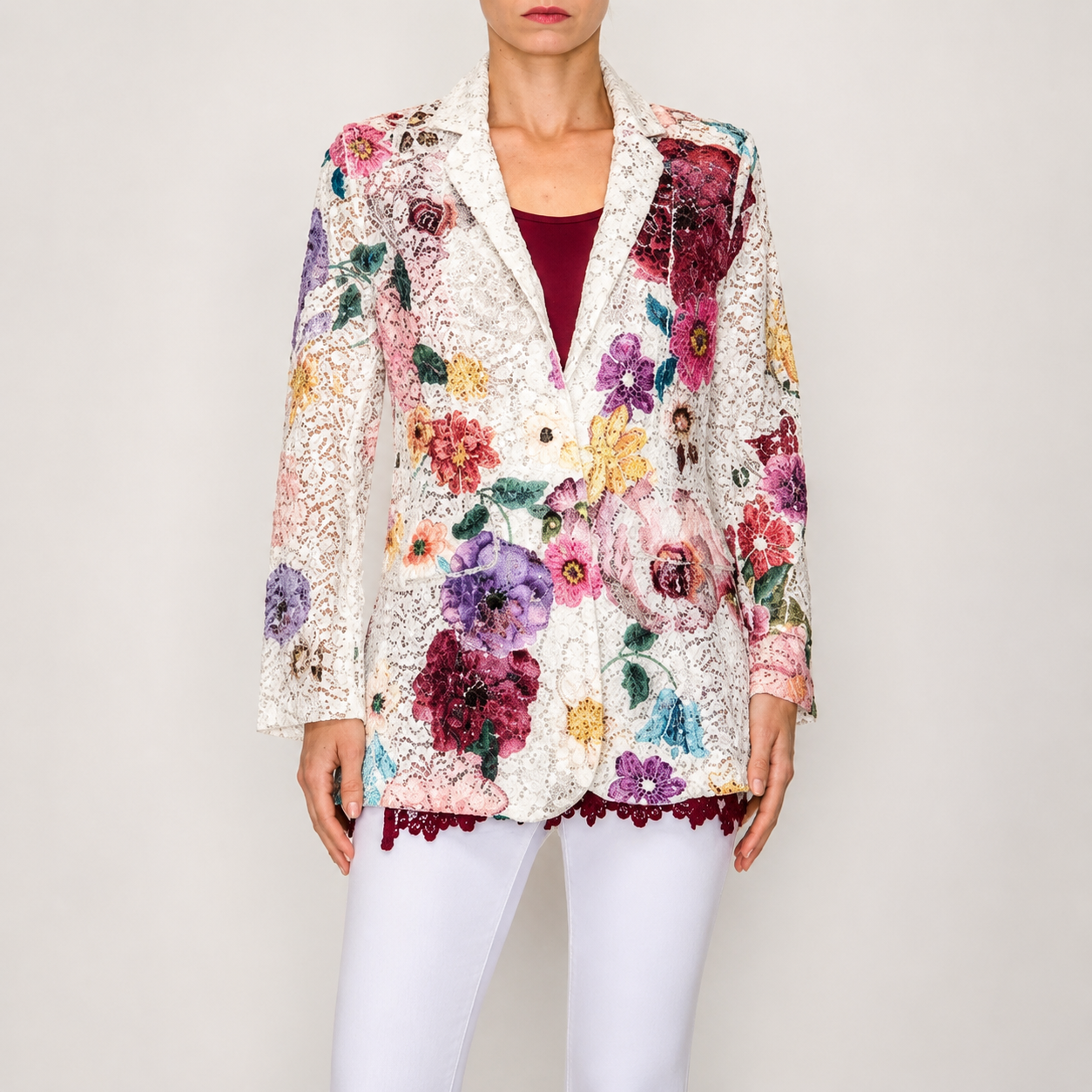 Beige Lace Floral Blazer