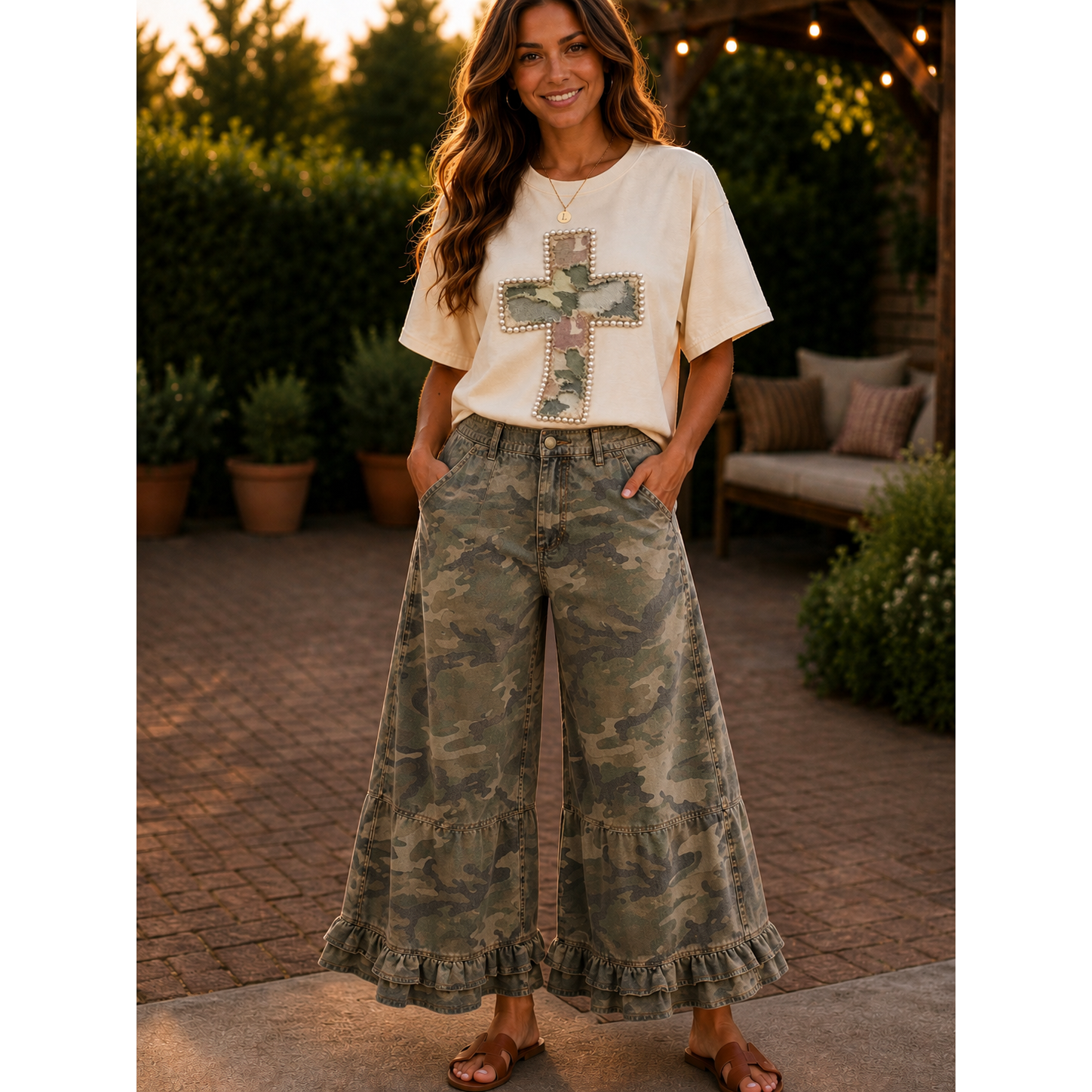 Vintage Camo Ruffle Wide Leg Pants