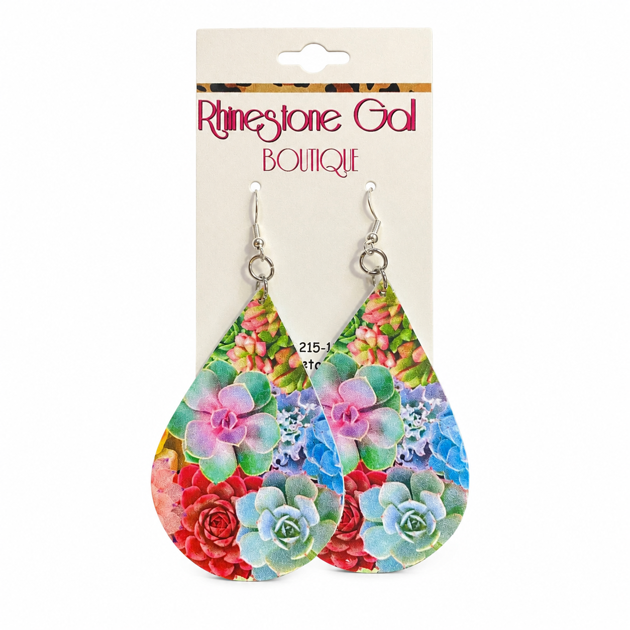 Succulent Print Genuine Leather Teardrop Earrings