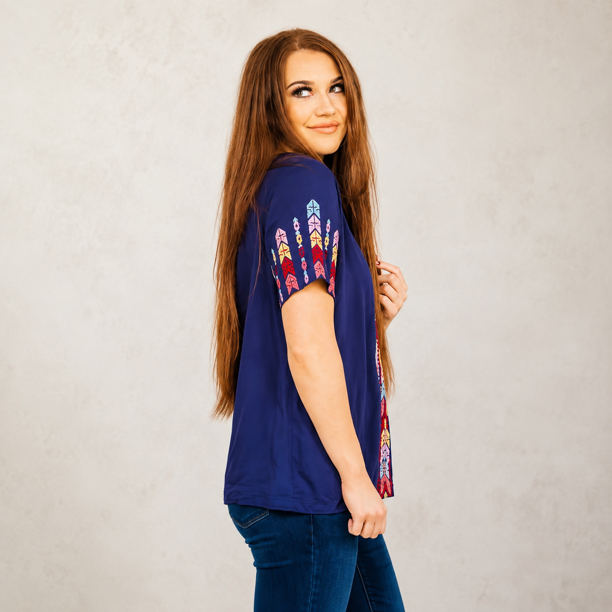 Navy Multi-Color Embroidered Top