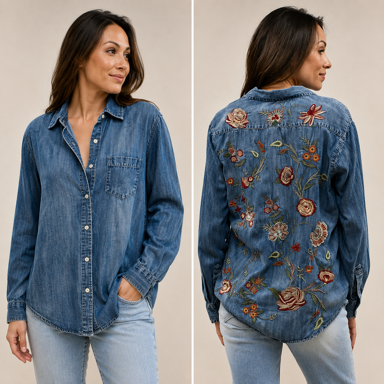 Denim Button-Up Shirt with Embroidered Floral Back