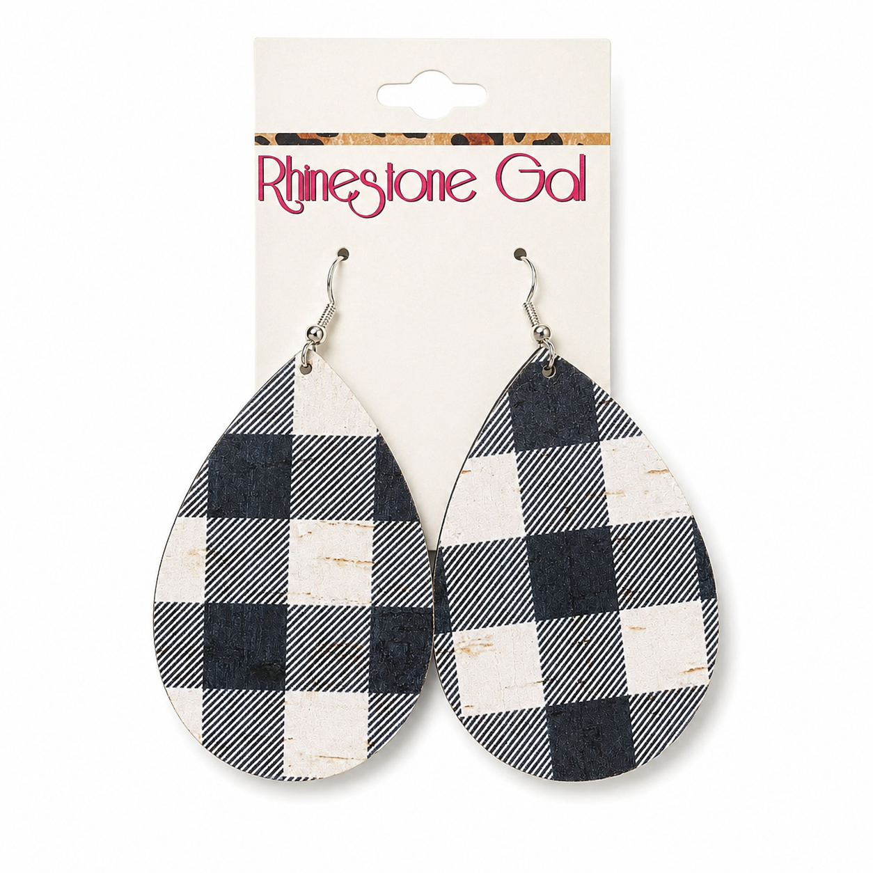 Black & White Plaid Genuine Leather Earrings – Teardrop Design