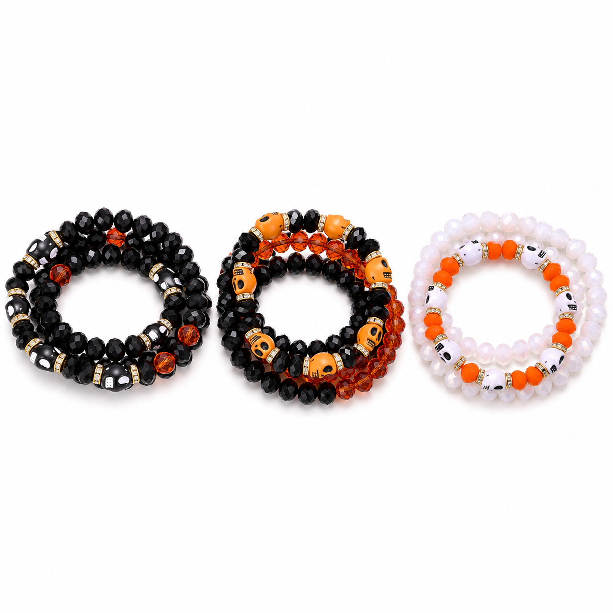 Halloween Sugar Skull Beaded Bracelet Set – 3 Stretchy Bracelets