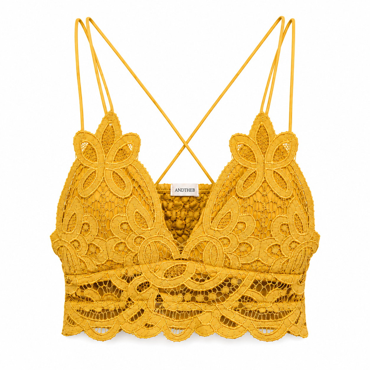 Mustard Boho Crochet Lace Bralette – Criss Cross Back with Removable Pads