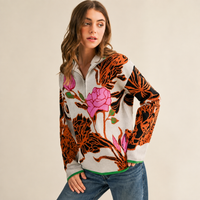 Floral Half-Zip Sweater – Orange & Pink Bold Blooms on Cream Knit