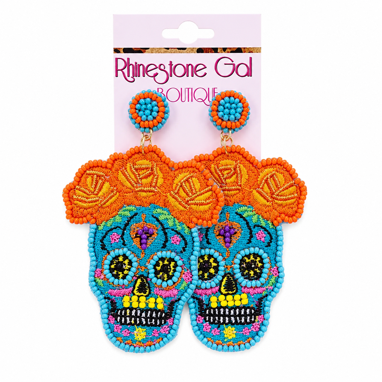 Turquoise Beaded Sugar Skull Earrings