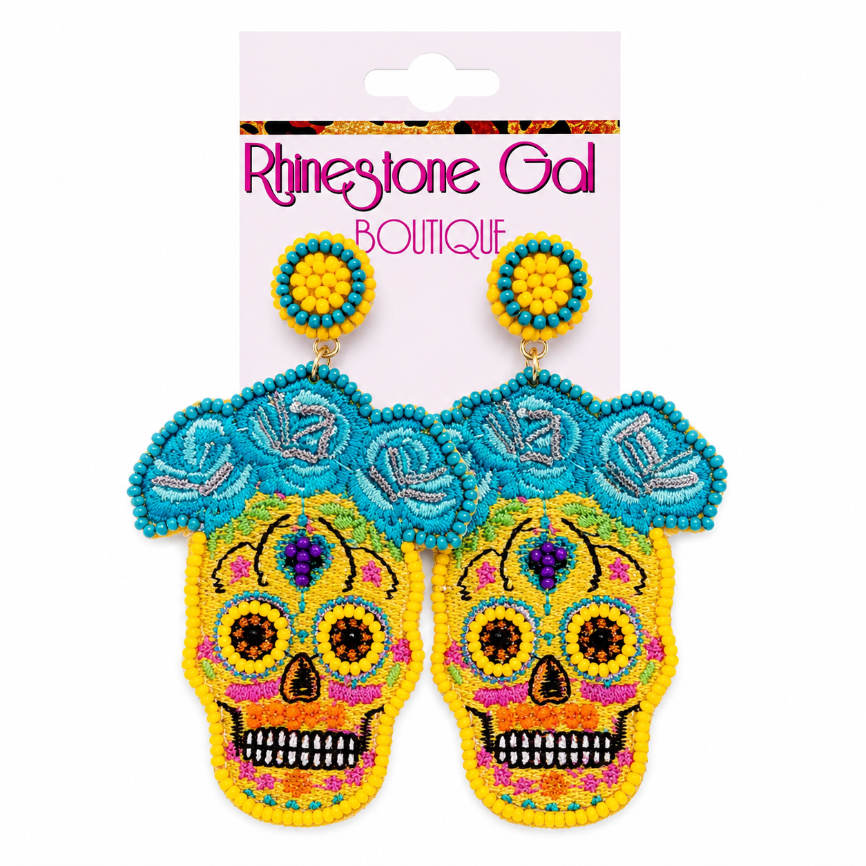 Yellow Seed Beaded Sugar Skull Earrings