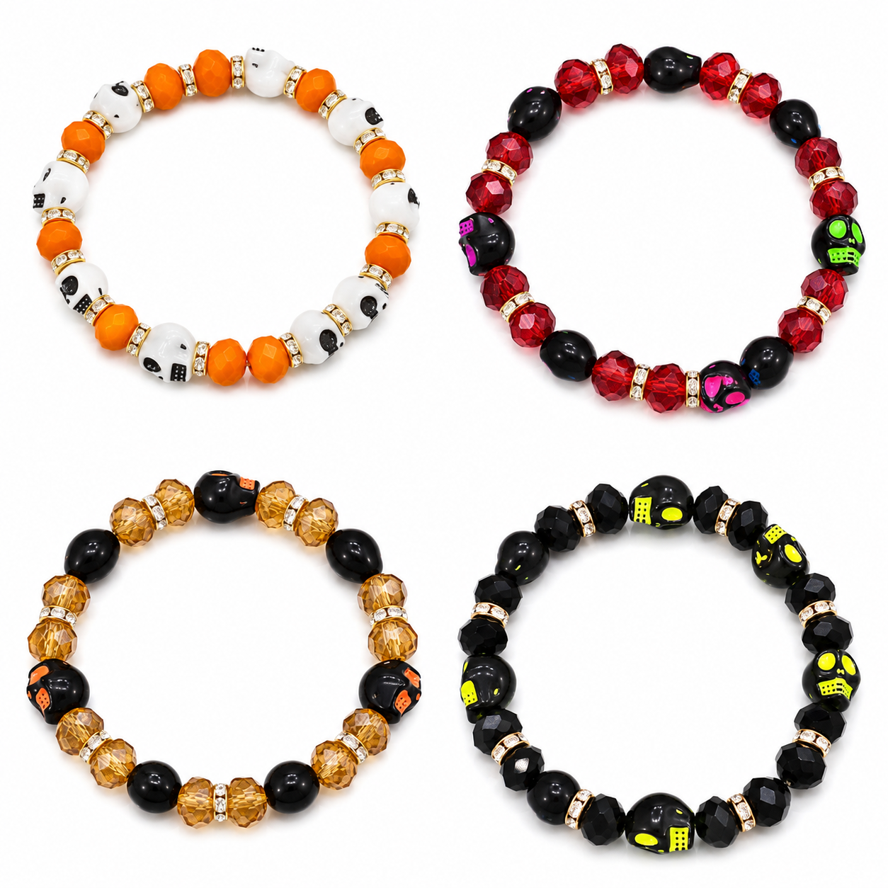 Sugar Skull Beaded Stretchy Bracelet with Rhinestone Spacers