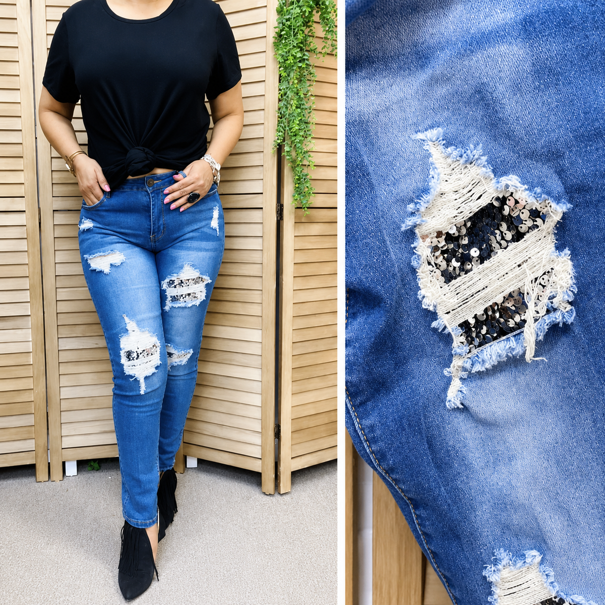 Silver Sequin Patch Distressed Skinny Jeans – Stretch Denim for Women