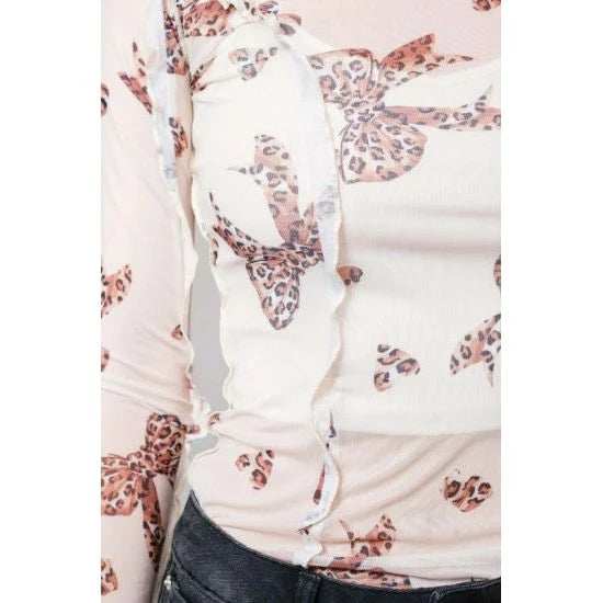 Leopard Bow Mesh Mock Neck Top – Sheer Long Sleeve