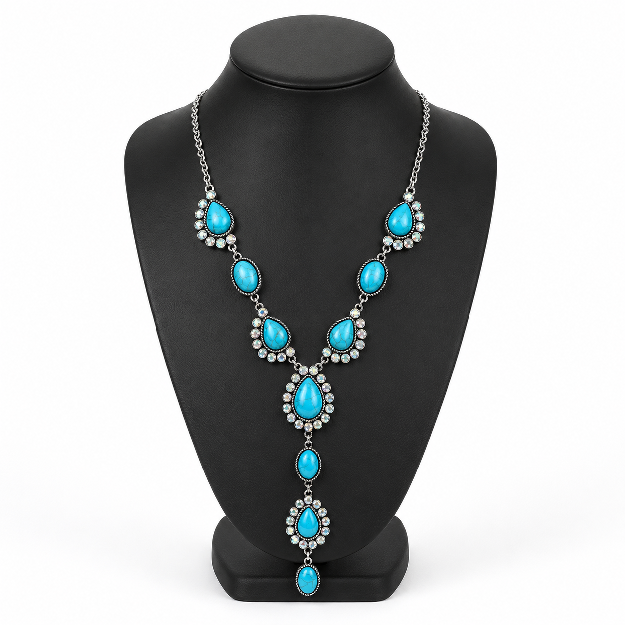 Turquoise Teardrop Y-Necklace with AB Accents – Western Statement Jewelry