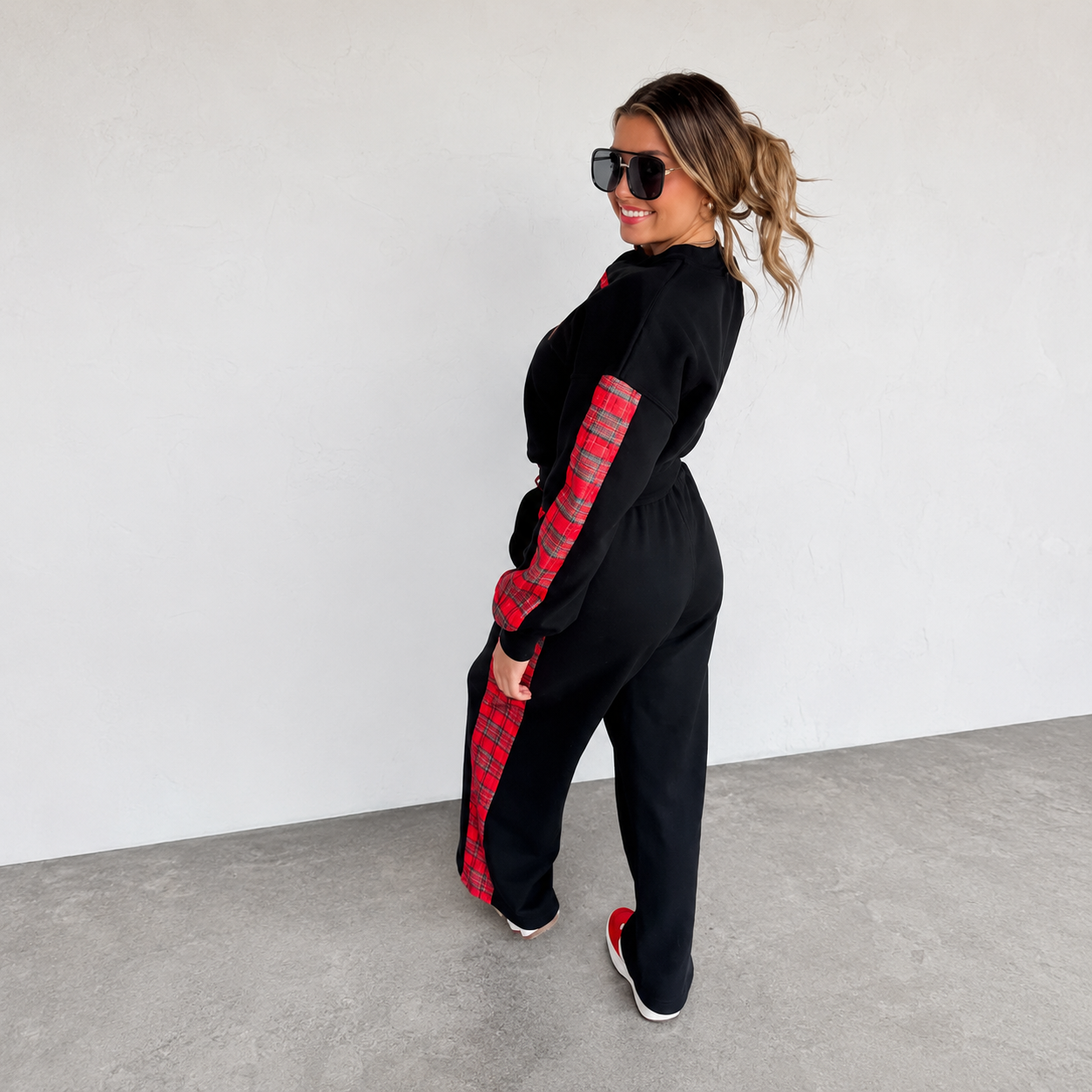 Black “Merry” Plaid Sweatsuit Set