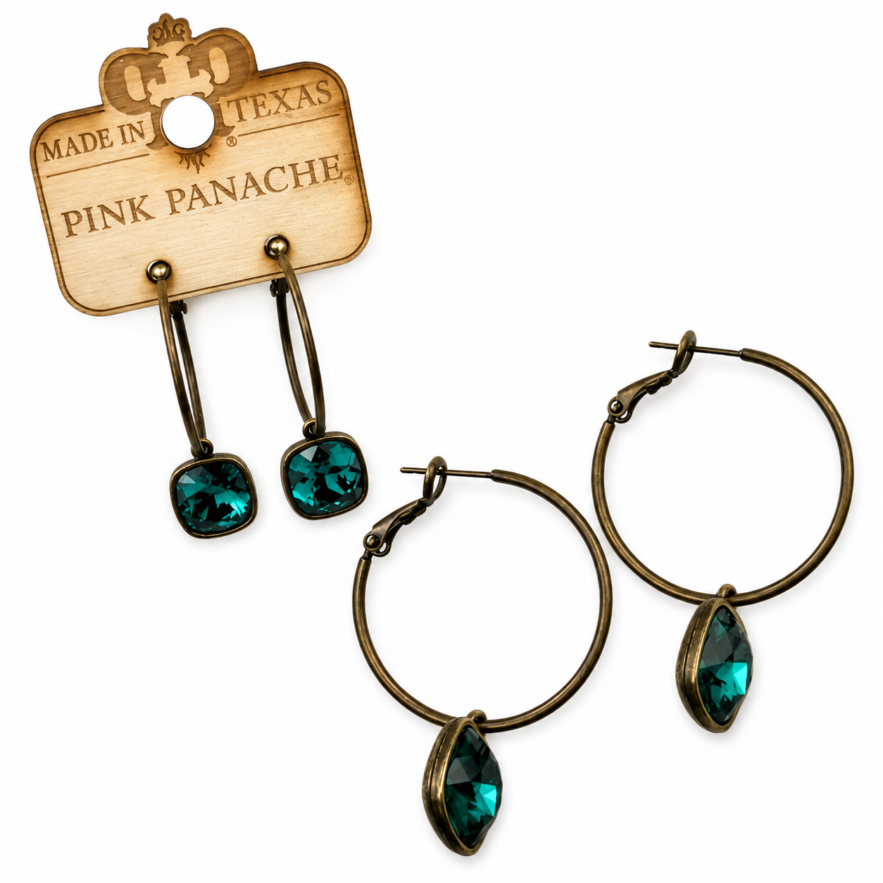 Pink Panache Bronze Hoop Earrings with Green Crystal