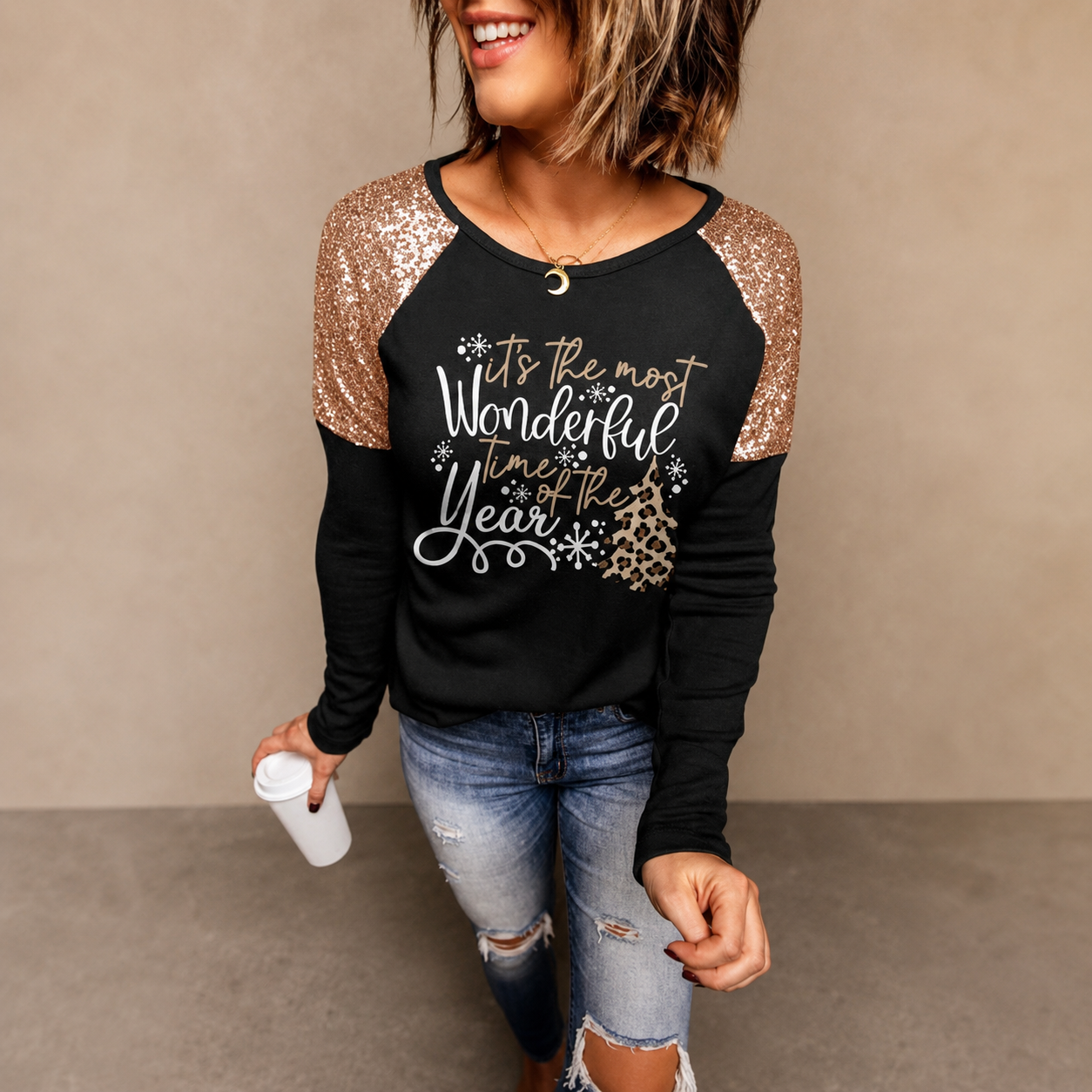 Black & Rose Gold Sequin Holiday Top