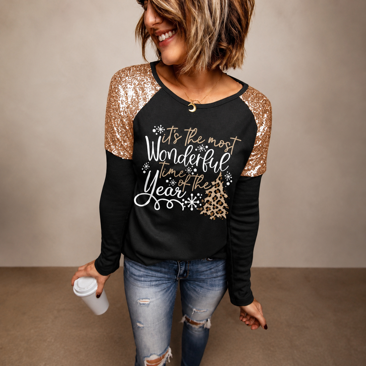 Black & Rose Gold Sequin Holiday Top