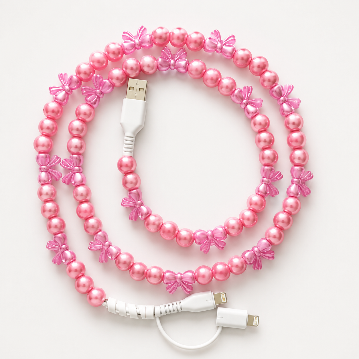 Pink Beaded 2-in-1 USB-C Phone Charging Cable with Lightning Adapter – 40” Fashion Tech Accessory