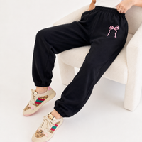 Black Jerzees Drawstring Sweatpants with Pink Bow Graphic – Unisex 50/50 Fleece