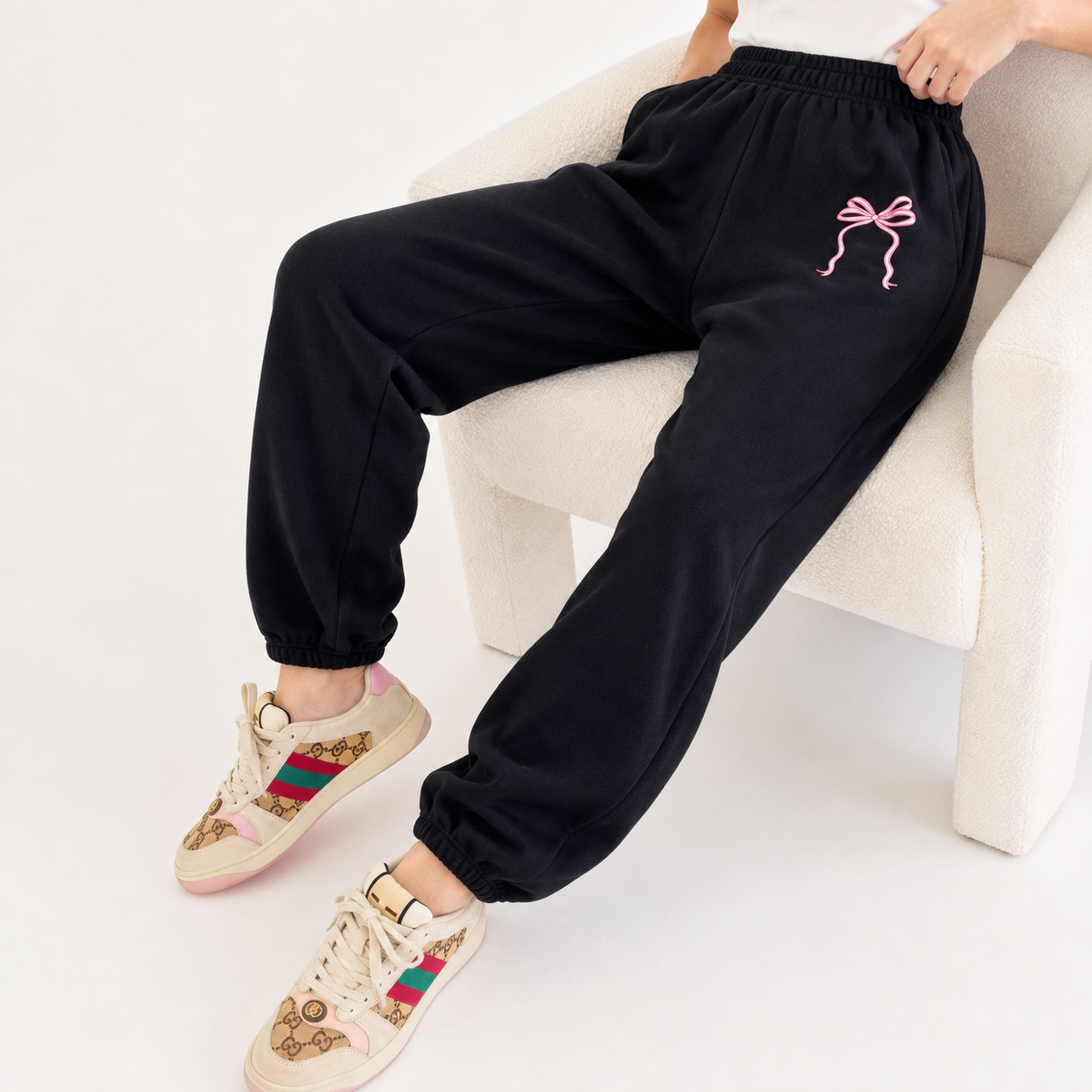 Black Jerzees Drawstring Sweatpants with Pink Bow Graphic – Unisex 50/50 Fleece