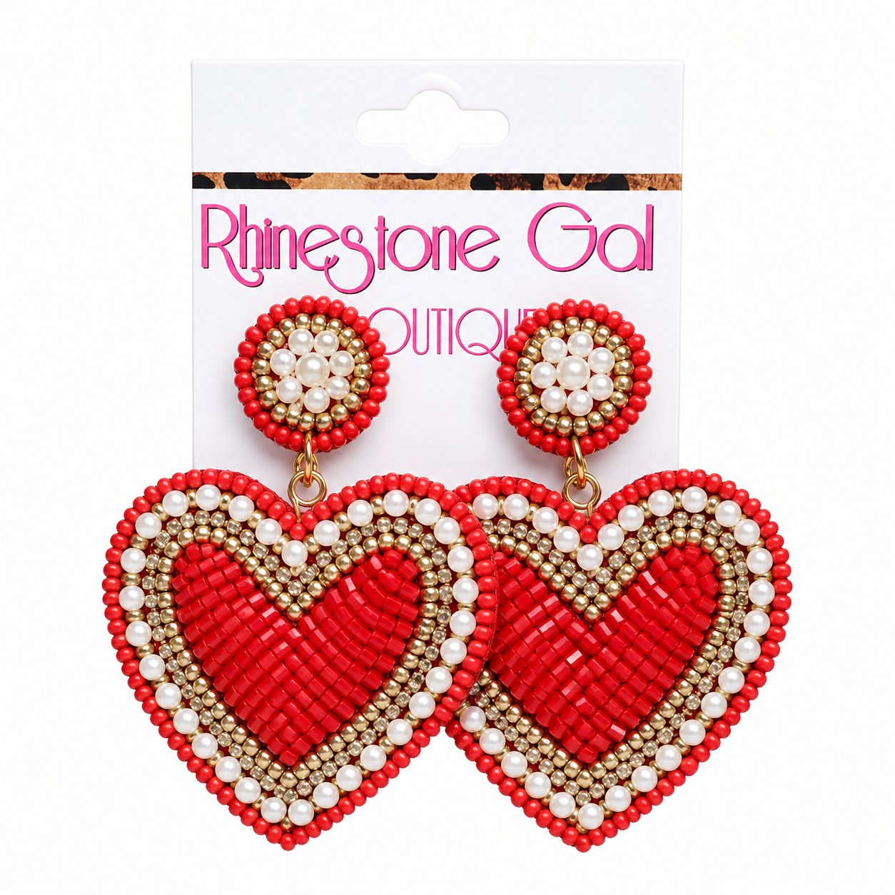 Red Crystal Beaded Heart Dangle Earrings