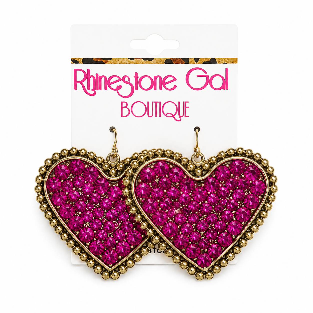 Fuchsia Rhinestone Heart Earrings with Bronze Trim