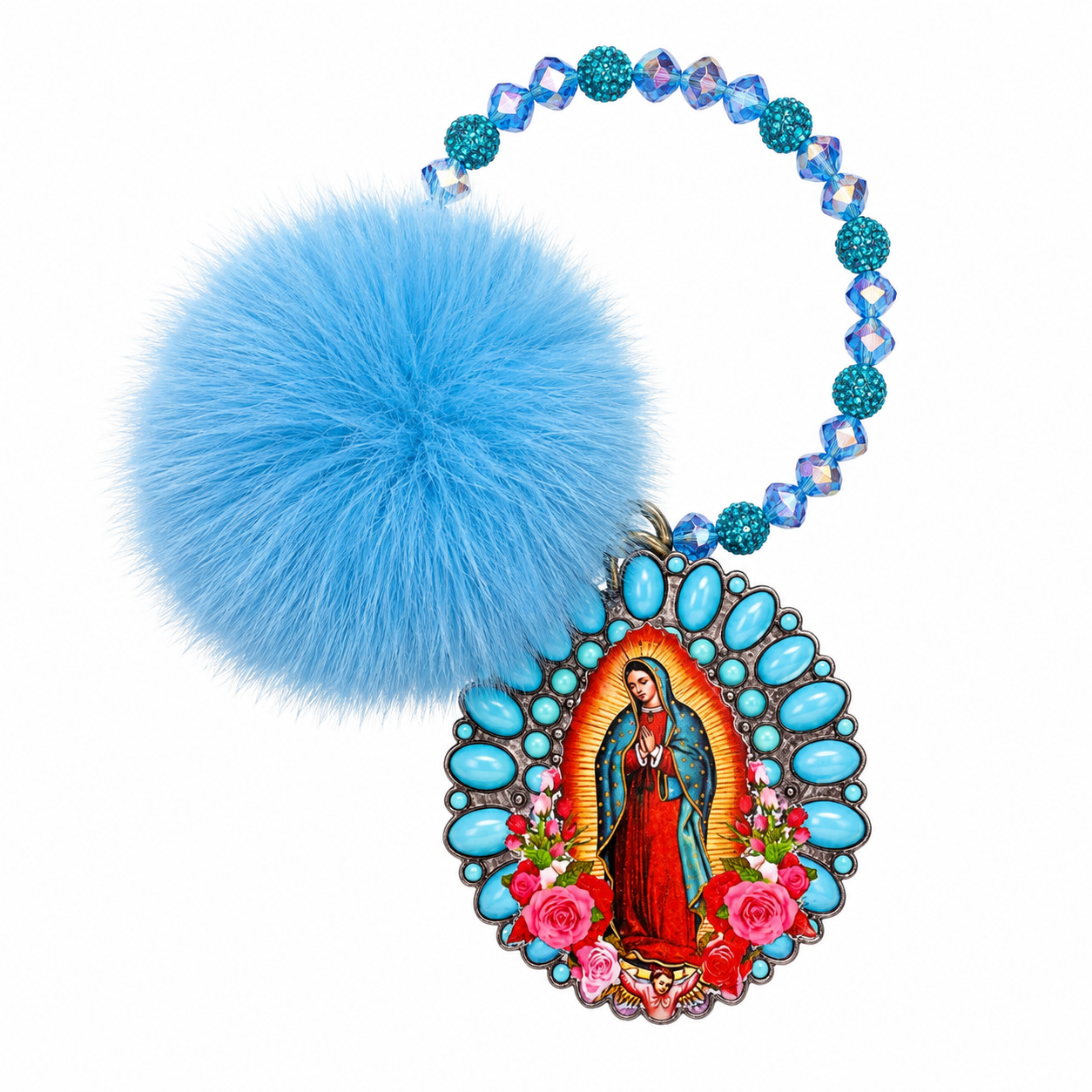 Turquoise Beaded Pom Pom Our Lady of Guadalupe Keychain