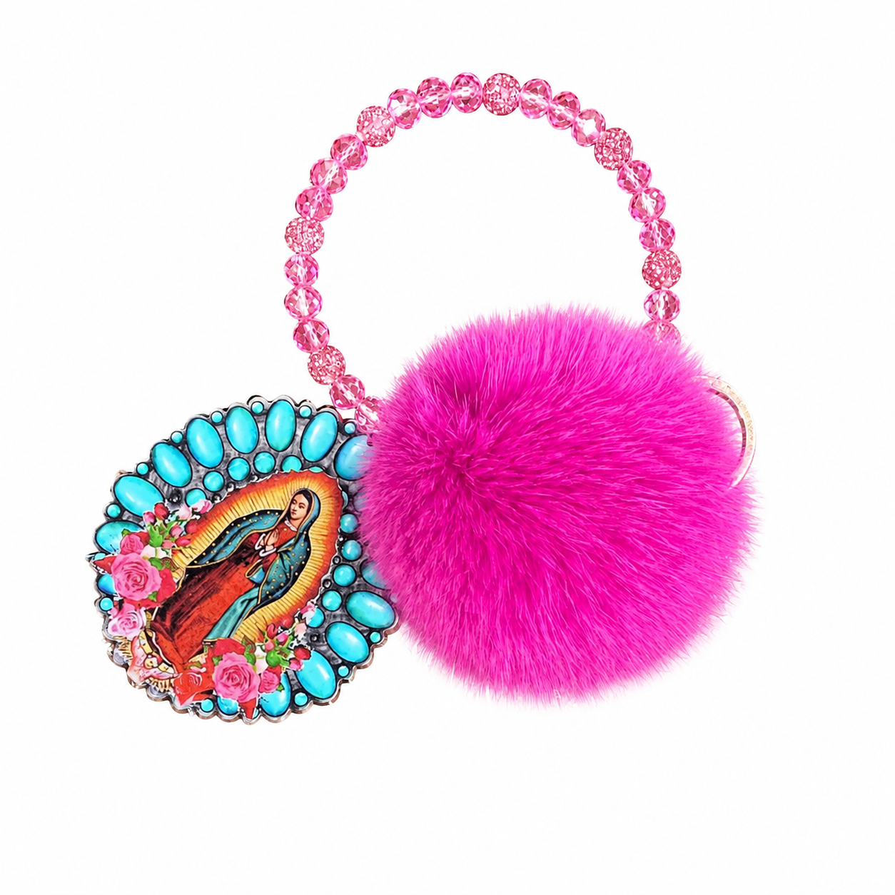 Hot Pink Beaded Pom Pom Our Lady of Guadalupe Keychain