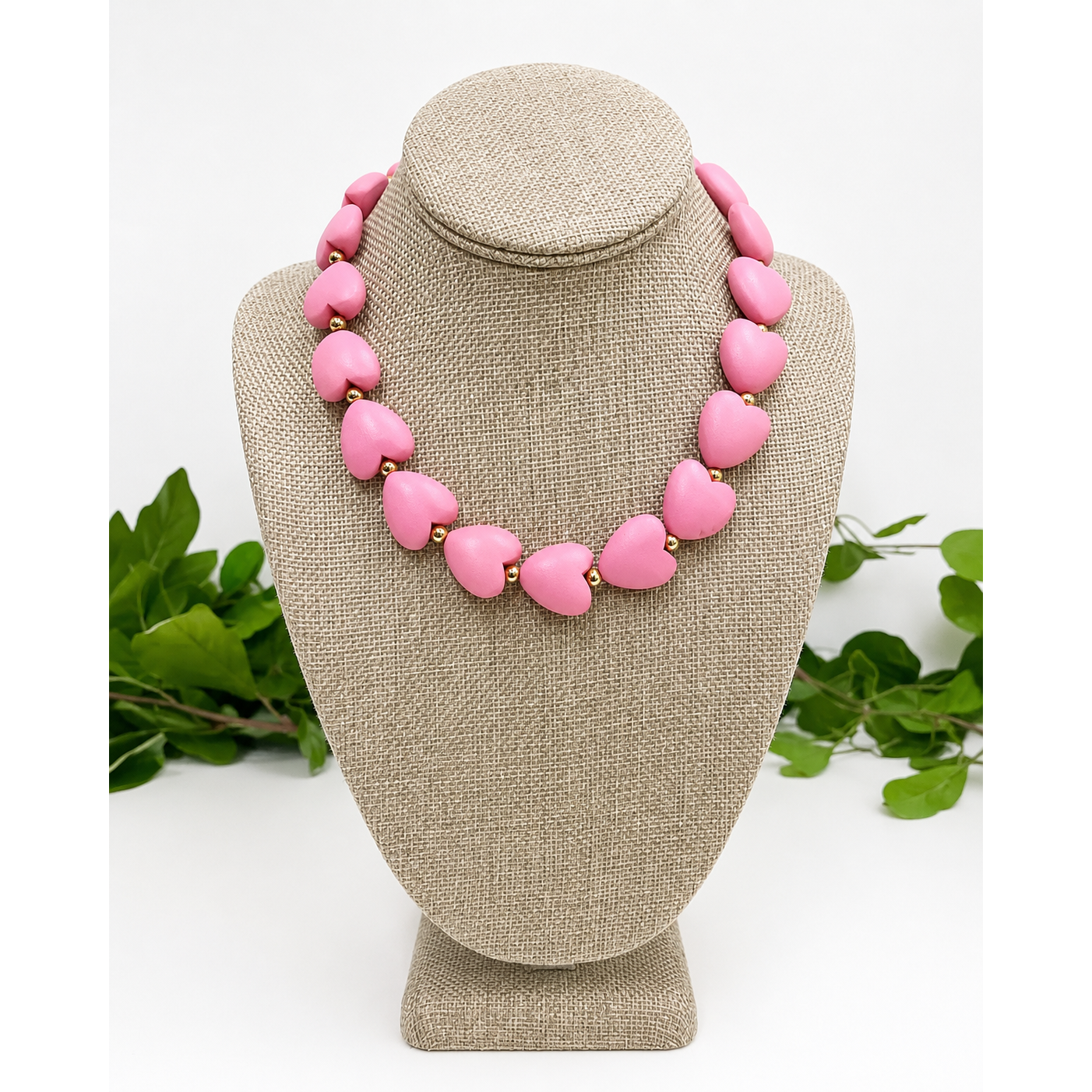 Puffy Pink Heart Wood Necklace