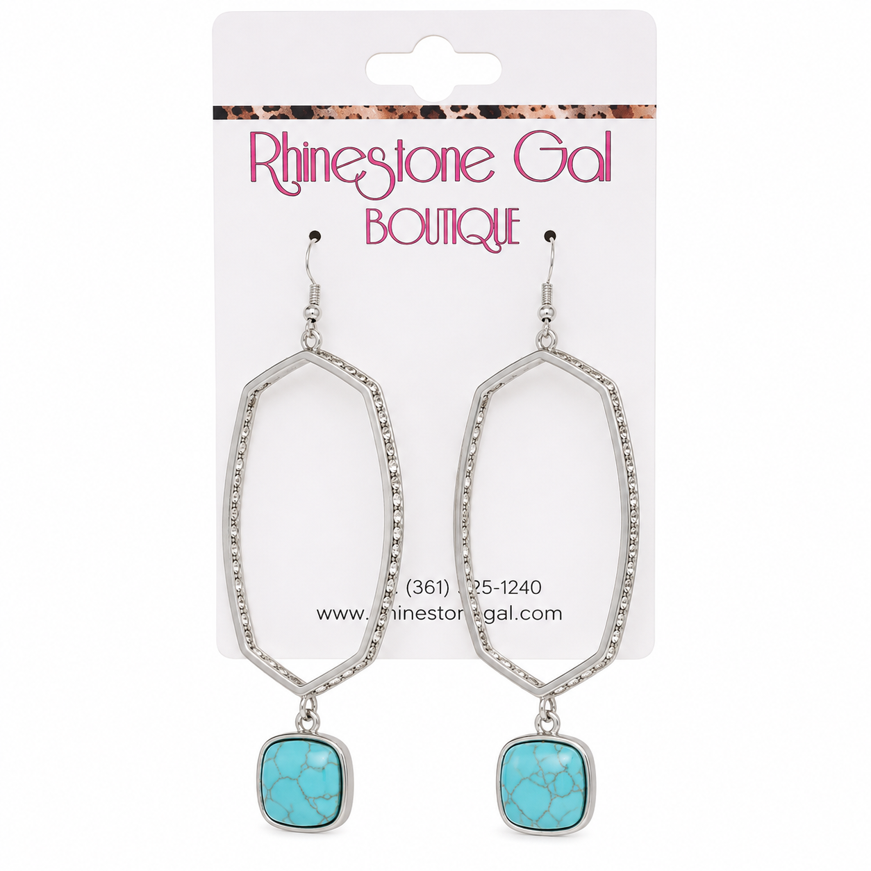 Silver Rhinestone Hexagon Drop Earrings with Turquoise Stone