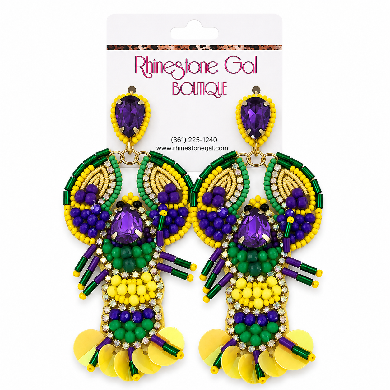 Mardi Gras Purple Green Gold Beaded Crawfish Earrings
