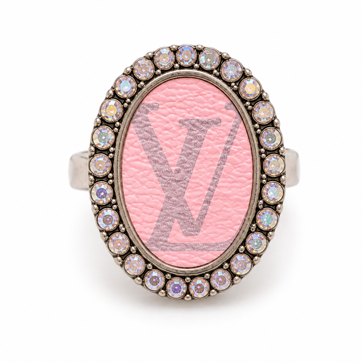 Oval Rhinestone Pink Leather Statement Ring (Adjustable)