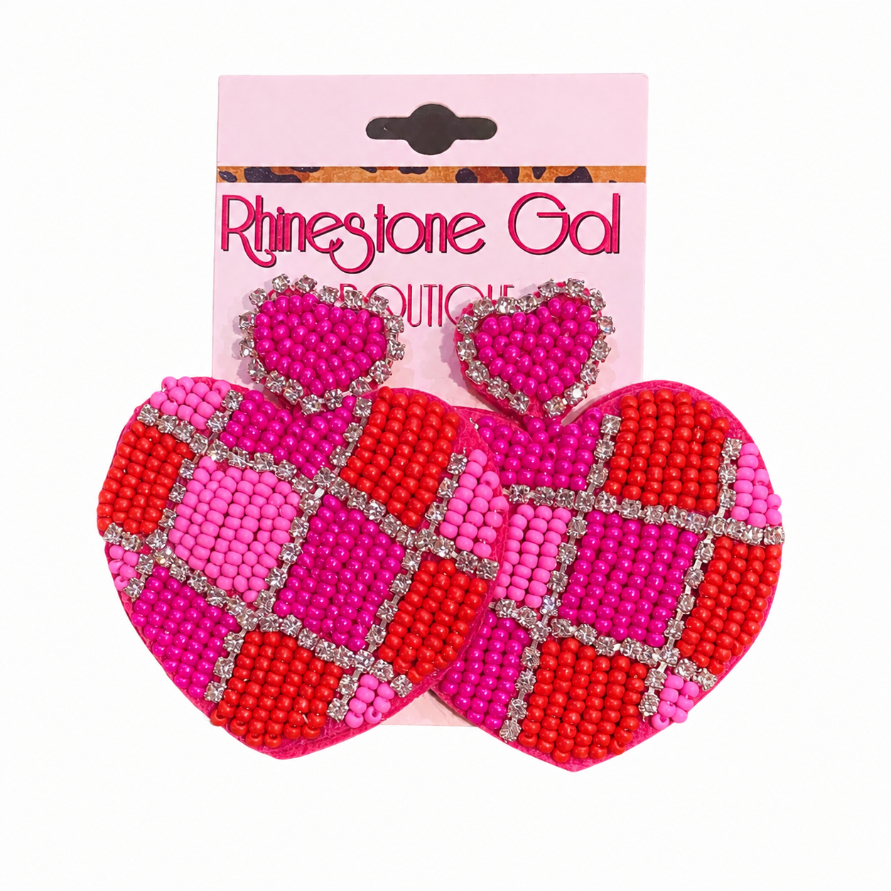 Pink Checkered Beaded Heart Statement Earrings