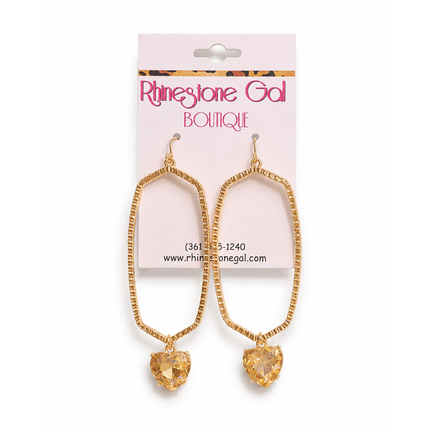 Gold Hexagon Drop Earrings with Topaz Heart Crystal