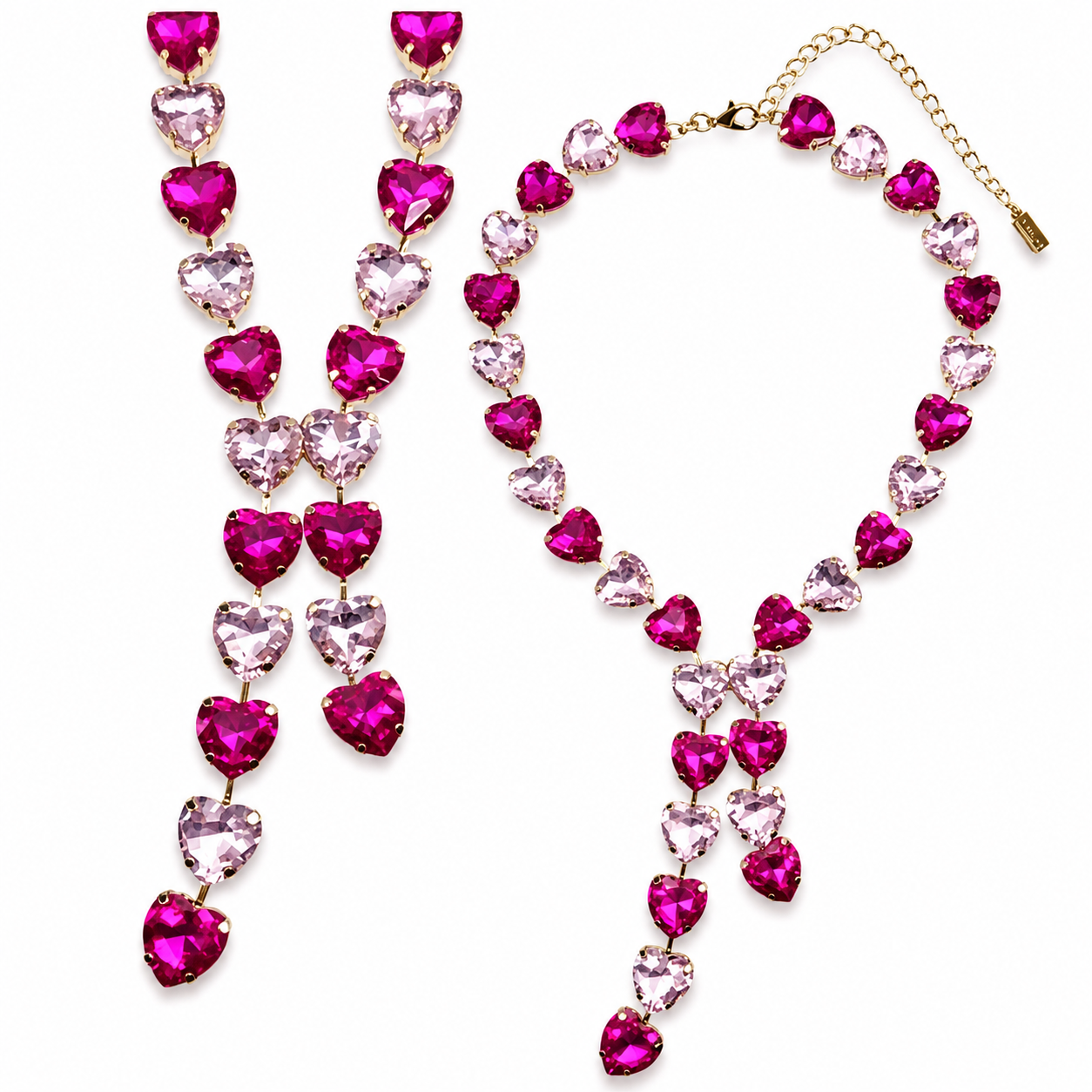 Pink & Fuchsia Rhinestone Heart Lariat Necklace