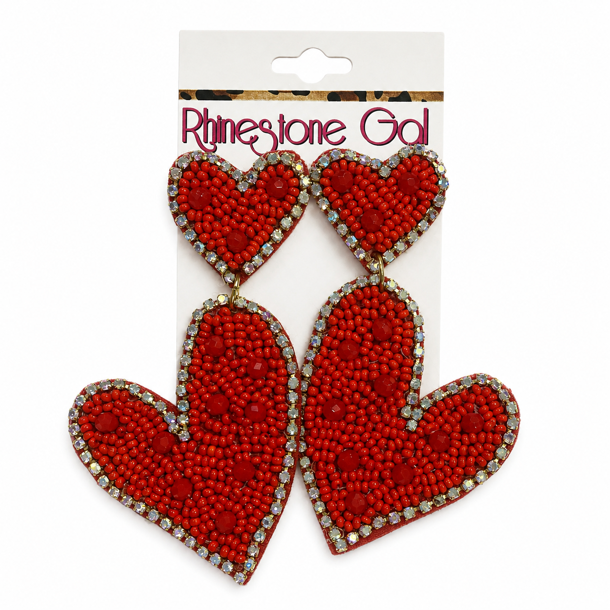 Red Rhinestone Beaded Heart Dangle Earrings