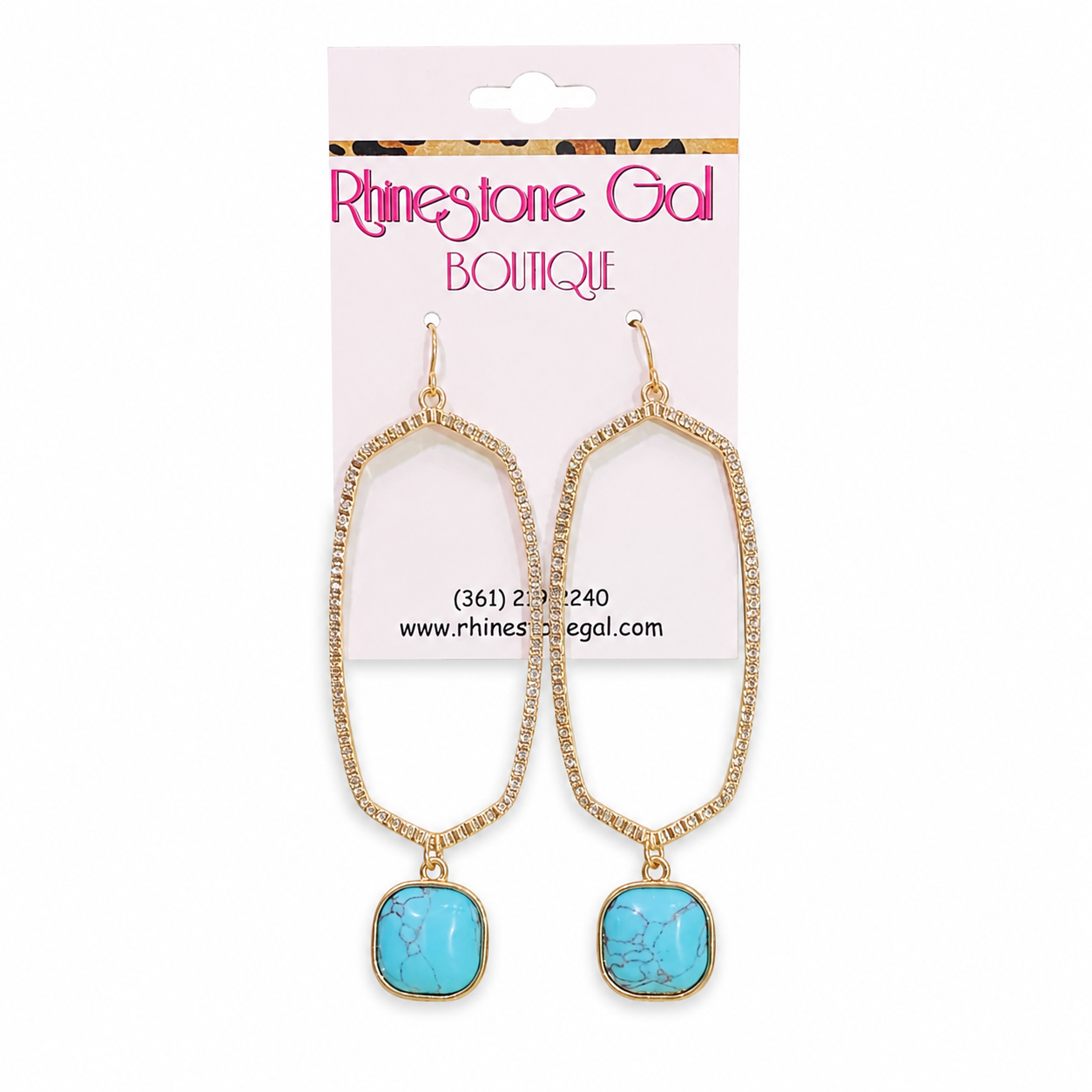 Gold Pave Hexagon Drop Earrings with Turquoise Stone Charm
