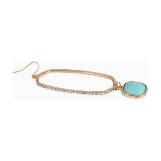 Gold Pave Hexagon Drop Earrings with Turquoise Stone Charm
