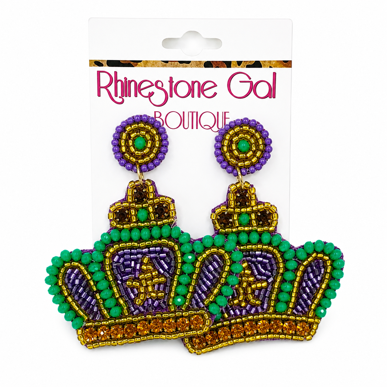 Mardi Gras Purple Green Gold Beaded Crown Earrings