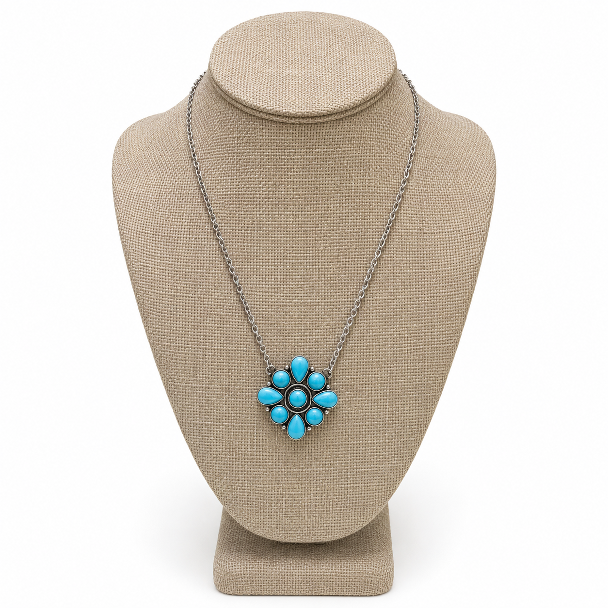Turquoise Cluster Flower Burnished Silver Necklace