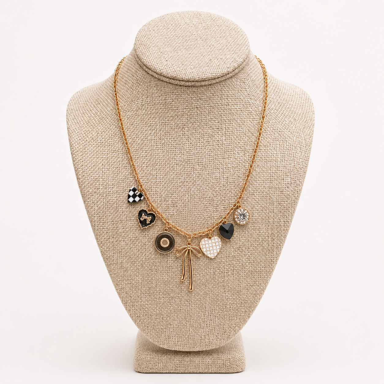 Black & Gold Bow Heart Charm Necklace