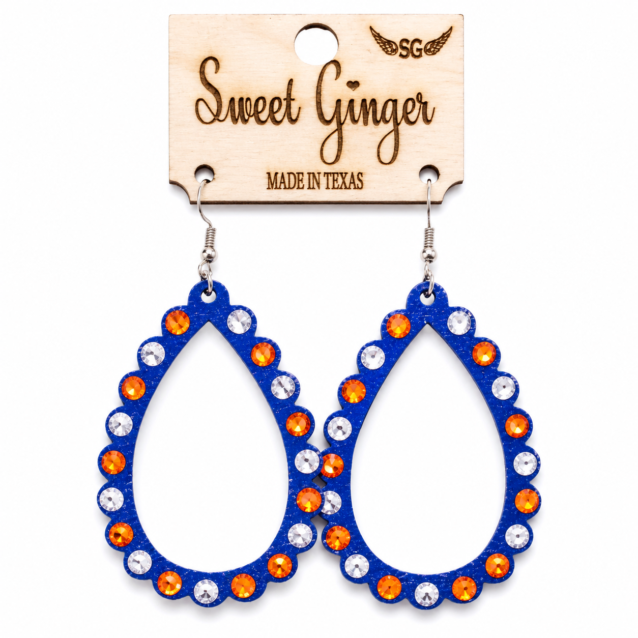 Astros Blue & Orange Rhinestone Teardrop Earrings