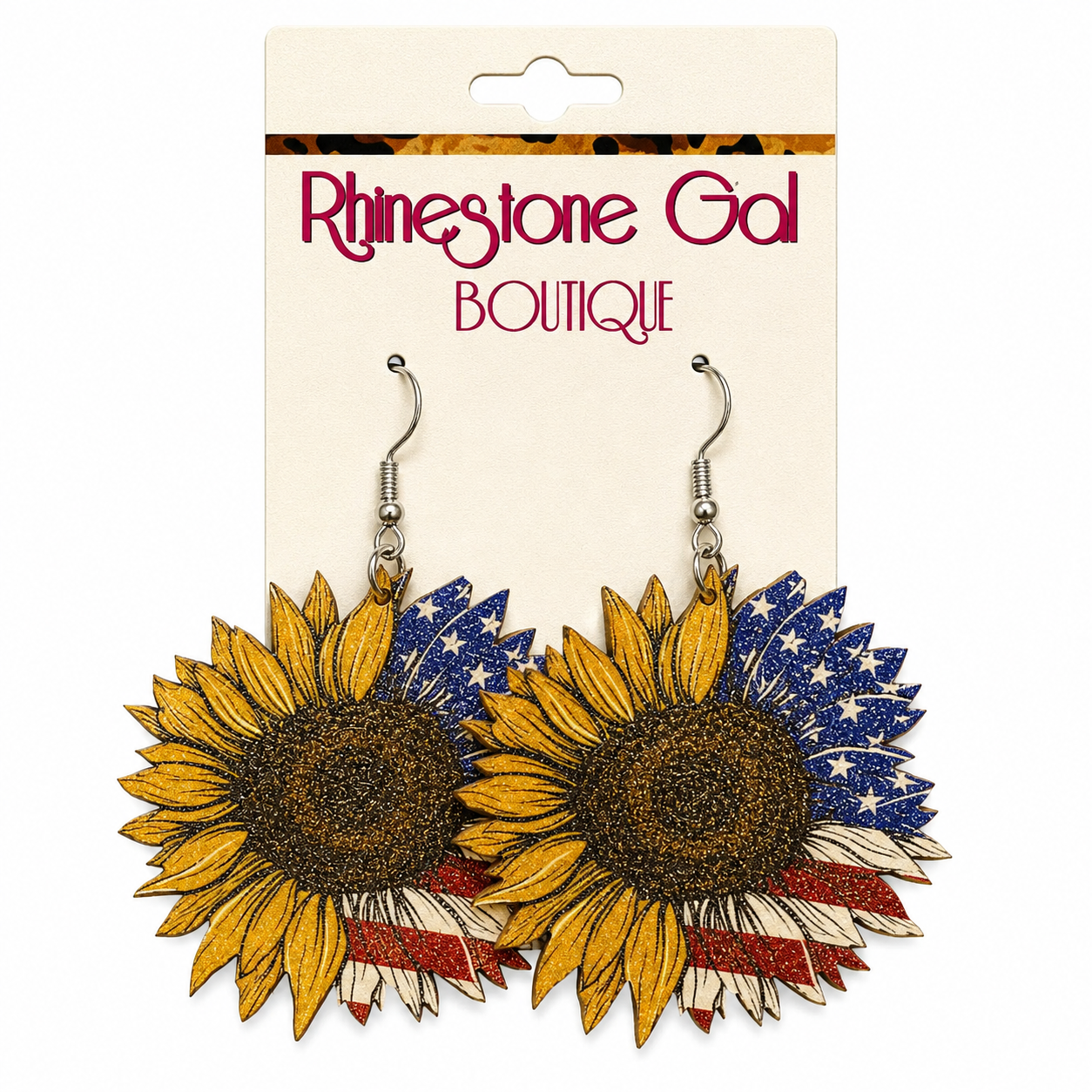 Patriotic Sunflower Stars & Stripes Wood Earrings