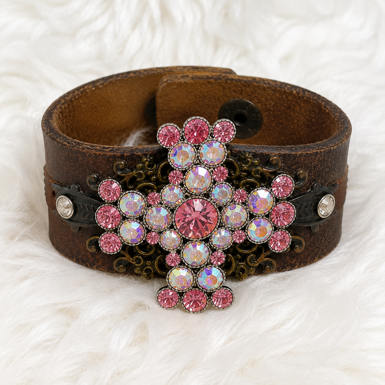 Pink Rhinestone Cross Leather Cuff Bracelet