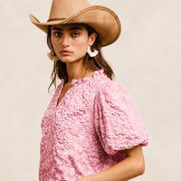 Blush Textured Floral Ruffle Neck Top