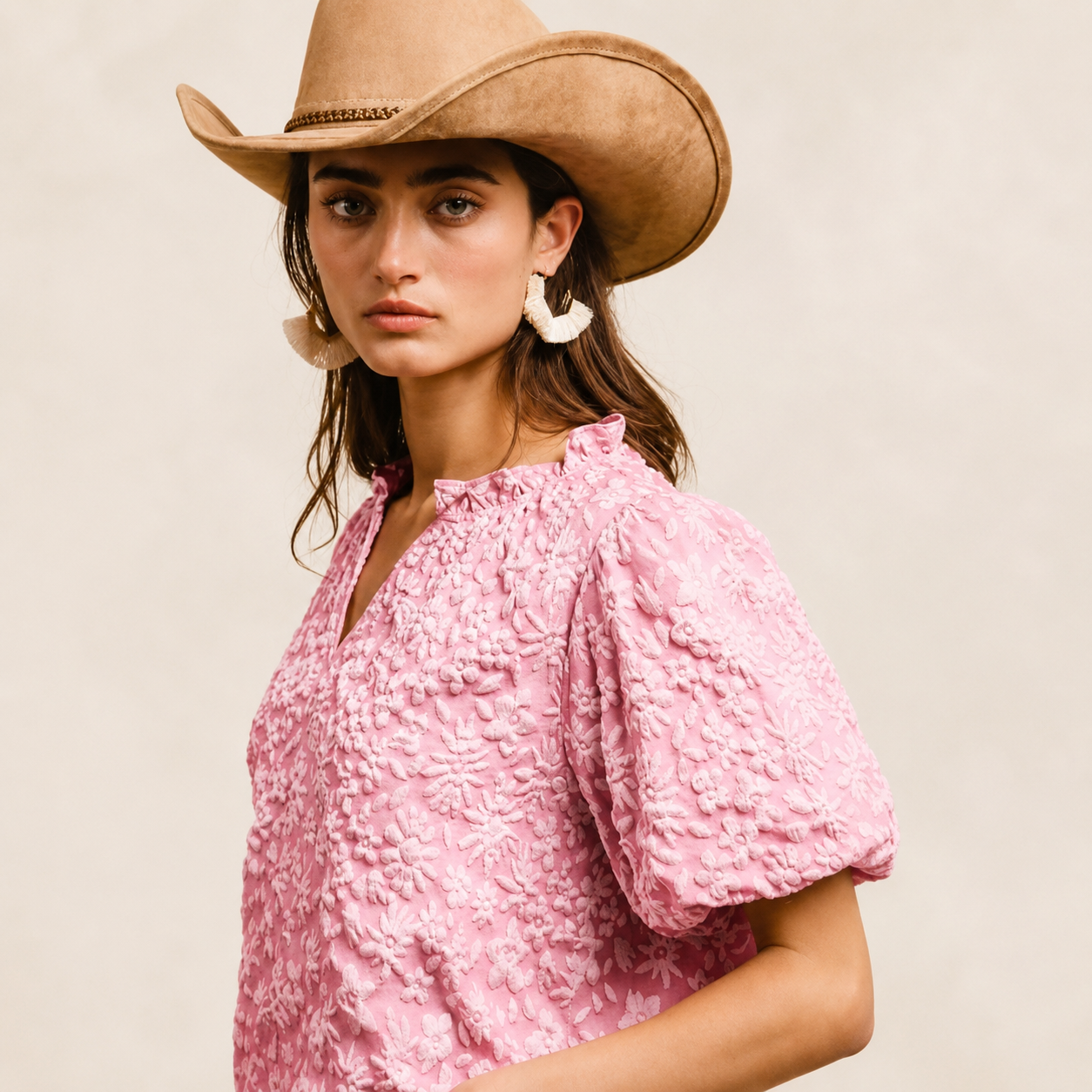 Blush Textured Floral Ruffle Neck Top