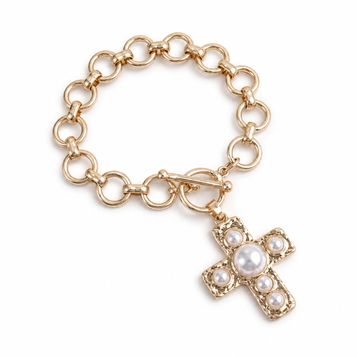 Gold Pearl Cross Charm Toggle Bracelet