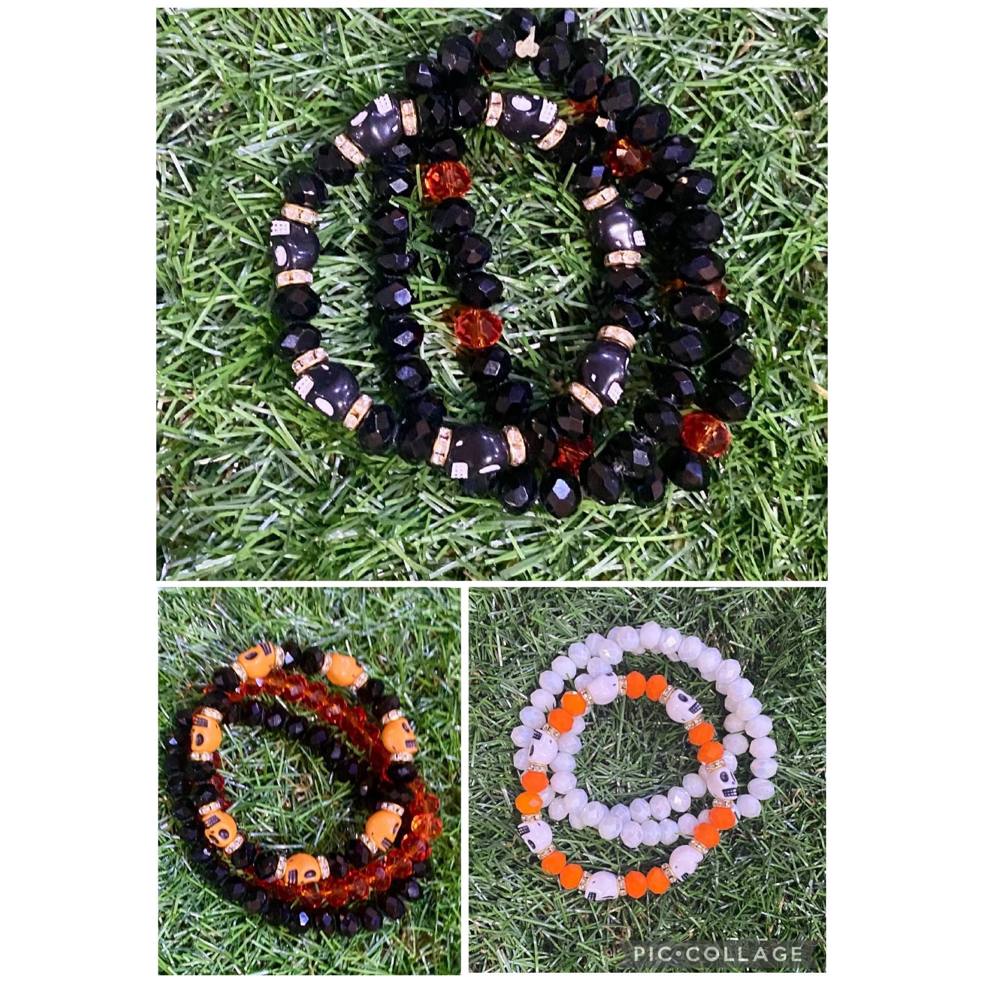 Halloween Sugar Skull Beaded Bracelet Set – 3 Stretchy Bracelets