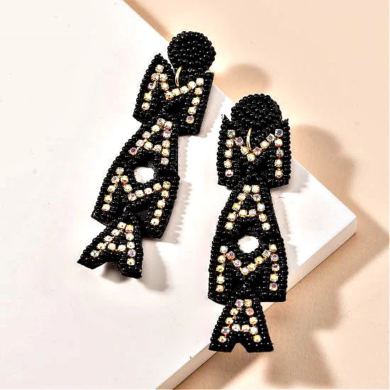 Black Seed Bead Rhinestone MAMA Dangle Earrings