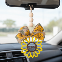 Handcrafted Wood Car Charm with Beads & Bow