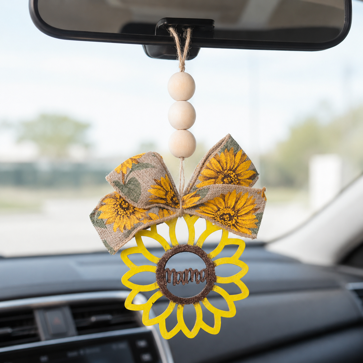 Handcrafted Wood Car Charm with Beads & Bow